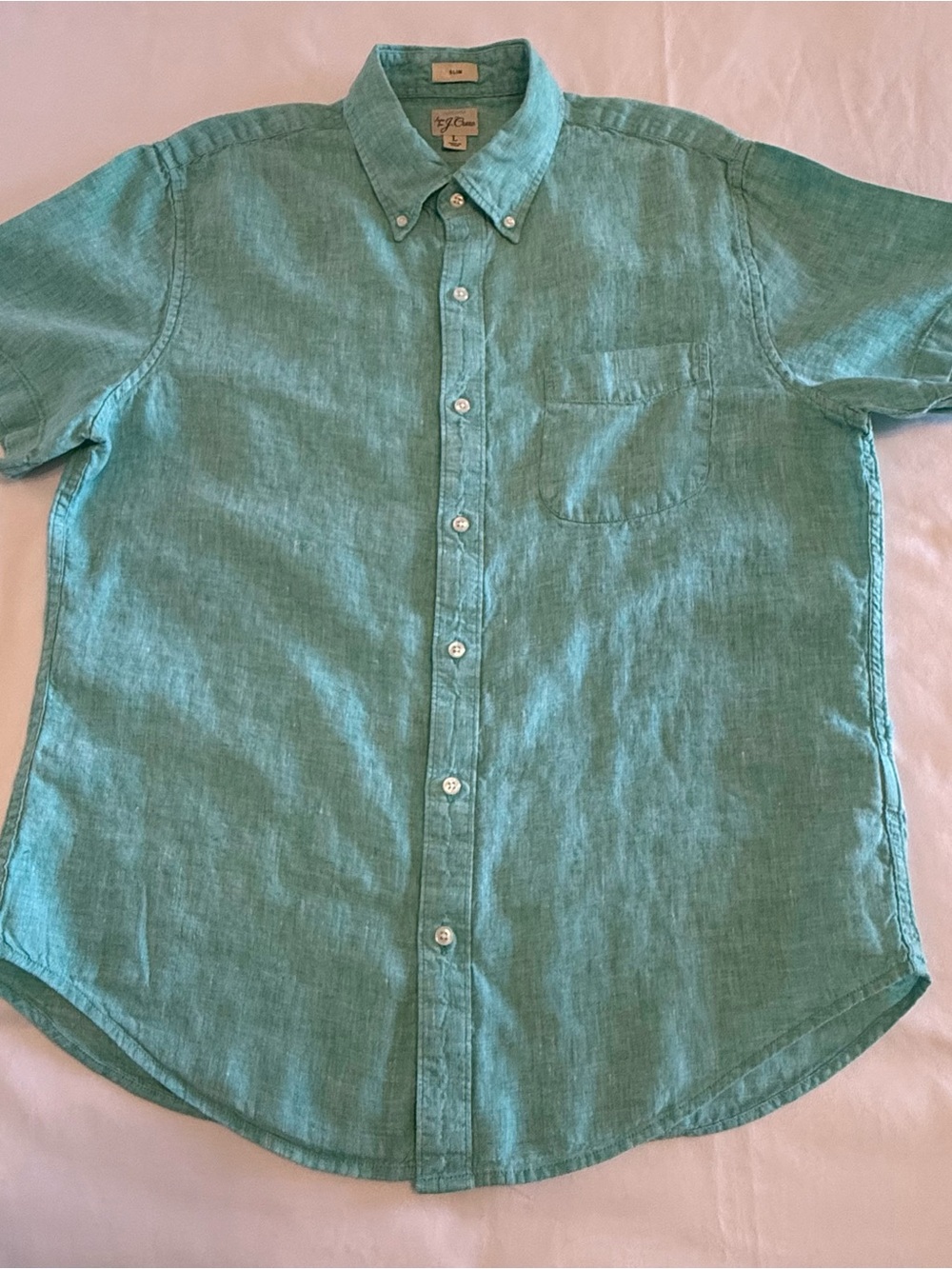J. Crew Teal Short-Sleeve Button-Down Irish Linen Shirt. Size L